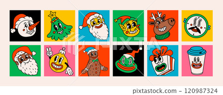 Retro style Christmas mini cards or stickers with groovy Christmas characters and objects. Ideal for Christmas and New Year sticker designs and decorations, vector illustration 120987324
