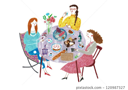 婦女圍著桌子吃飯的手繪插圖 婦女圍著桌子吃飯的手繪插圖 120987327