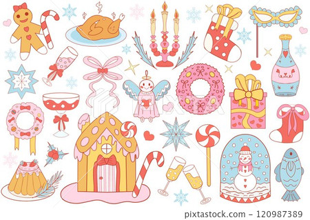 Pink girly coquette christmas set. Merry christmas and happy new year Lovely cute collection, christmas tree decorations with bows, pink ribbon. Vector illustration 120987389