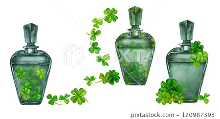 Vintage green glass bottles with four leaf clover. Set of watercolor illustration template. Decorative elements for holiday print design: invitations, cards, borders, postcards, banners 120987393