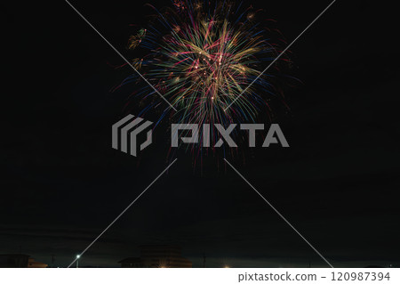 A view of large fireworks blooming in the night sky at the Tokoname Pottery Festival Fireworks Display (Aichi Prefecture) 120987394