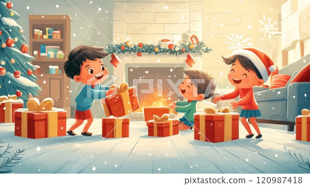 Christmas Joy Kids Exchanging Gifts by Fireplace 120987418