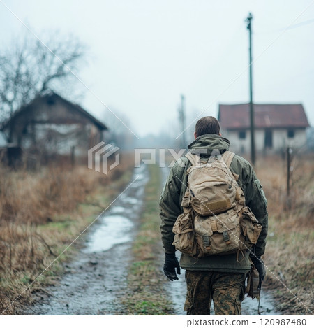 Soldier Returning Home Through Abandoned Village 120987480