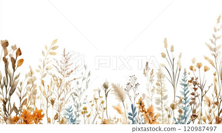 Watercolor Autumn Wildflowers Border. Watercolor Autumn Wildflowers Border. 120987497