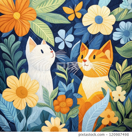 Whimsical Cat Duo in Floral Wonderland Whimsical Cat Duo in Floral Wonderland 120987498