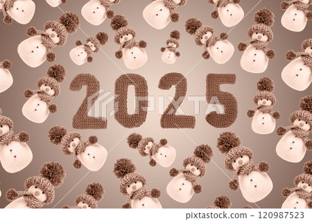 Fabulous Christmas pattern of knitted snowmen and number 2025. Demonstrating the colors of 2025 - Mocha Mousse. Merry Christmas and New Year greeting card Fabulous Christmas pattern of knitted snowmen and number 2025. Demonstrating the colors of 2025 - Mocha Mousse. Merry Christmas and New Year greeting card 120987523