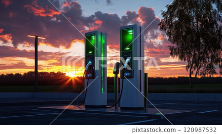 Electric Vehicle Charging Stations Located at Sunset Provide Convenience and Scenic Views 120987532