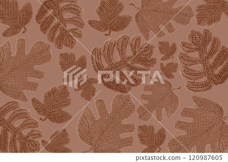 Abstract background of knitted leaves of monstera. Leaf pattern. Hobbies of knitting toys and home decorations. Demonstrating the colors of 2025 - Mocha Mousse. Banner, flat lay, copy space Abstract background of knitted leaves of monstera. Leaf pattern. Hobbies of knitting toys and home decorations. Demonstrating the colors of 2025 - Mocha Mousse. Banner, flat lay, copy space 120987605