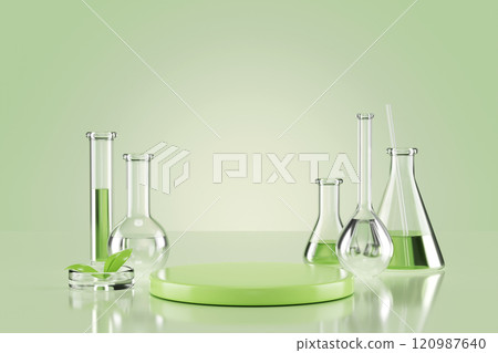 Lab glass setting with green podium display and eco experiment concept. 3d render scientific research setup with test tubes, flask, beakers with transparent liquid, petri dish containing plant leaf. 120987640
