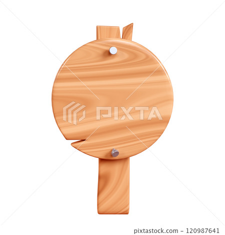 Wooden round plaque with cracks and nails on pole for text box. Cartoon 3d render illustration circular signboard with brown wood texture. Vintage rustic timber plank, board frame with fracture Wooden round plaque with cracks and nails on pole for text box. Cartoon 3d render illustration circular signboard with brown wood texture. Vintage rustic timber plank, board frame with fracture 120987641