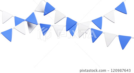 Party bunting border with alternating blue and white triangular flags on string. 3d render festive decoration element for celebration designs. Decorative frame or holiday celebratory layout. 120987643