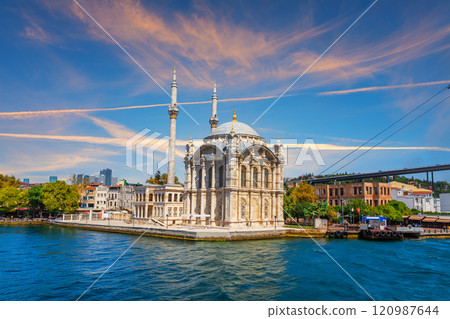 Ortakoy Mosque and Bosphorus bridge at sunrise, Istanbul, Turkey 120987644