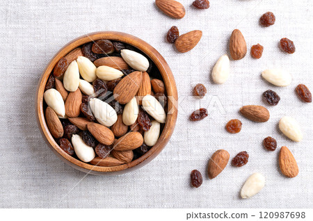 Student food, a trail mix in a wooden bowl, on linen fabric. A term known since the 17th century for a mixture that originally consisted of almonds with seed coats and blanched, and of raisins. 120987698