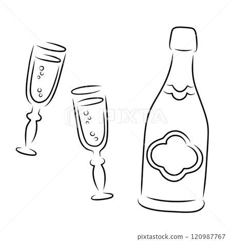 Set of champagne bottle and pair glass outline silhouette. Vector illustration Set of champagne bottle and pair glass outline silhouette. Vector illustration 120987767