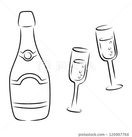 Set of champagne bottle and pair glass outline silhouette. Vector illustration Set of champagne bottle and pair glass outline silhouette. Vector illustration 120987768