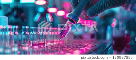 Close-up of a gloved hand holding a pipette dispensing liquid into a row of test tubes in a laboratory. 120987893