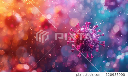 Abstract 3D rendering of a coronavirus particle in a colorful background. 120987900