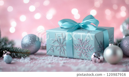Festive blue gift box with ribbon surrounded by decorations and soft lights during the holiday season 120987916