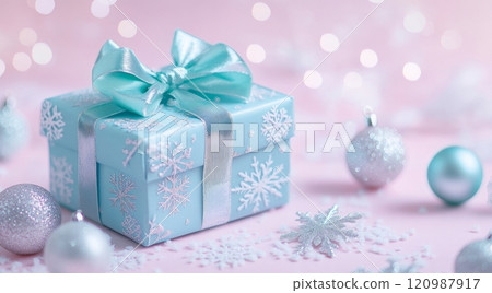 Festive blue gift box with ribbon surrounded by decorations and soft lights during the holiday season 120987917