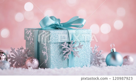 Festive blue gift box with ribbon surrounded by decorations and soft lights during the holiday season 120987923