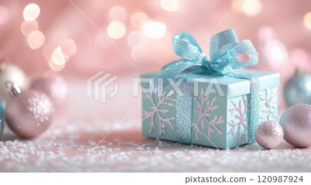 Festive blue gift box with ribbon surrounded by decorations and soft lights during the holiday season 120987924