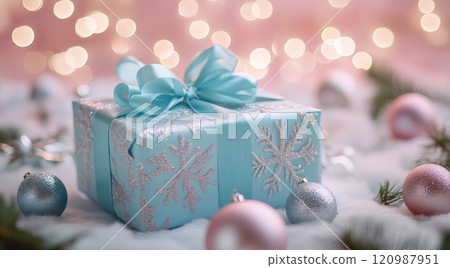 Festive blue gift box with ribbon surrounded by decorations and soft lights during the holiday season 120987951