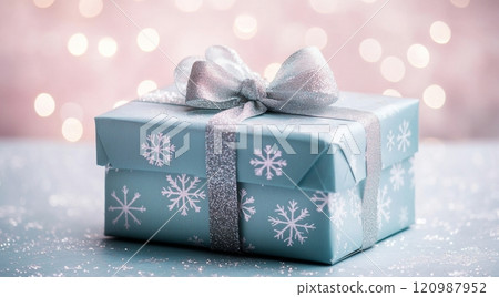 Festive blue gift box with ribbon surrounded by decorations and soft lights during the holiday season 120987952