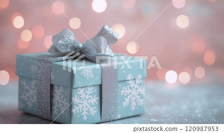 Festive blue gift box with ribbon surrounded by decorations and soft lights during the holiday season 120987953