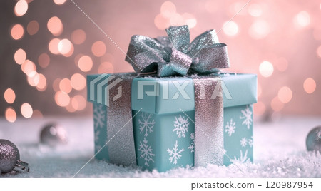 Festive blue gift box with ribbon surrounded by decorations and soft lights during the holiday season 120987954