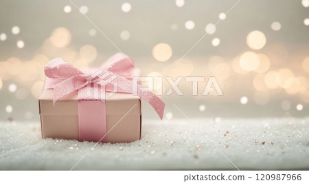 Gift box with pink ribbon surrounded by snowflakes and lights during winter holiday season 120987966