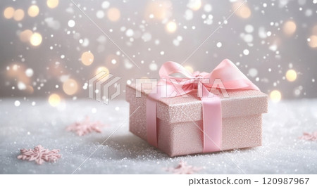 Gift box with pink ribbon surrounded by snowflakes and lights during winter holiday season 120987967