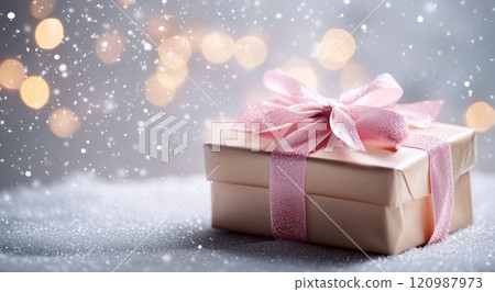 Gift box with pink ribbon surrounded by snowflakes and lights during winter holiday season 120987973