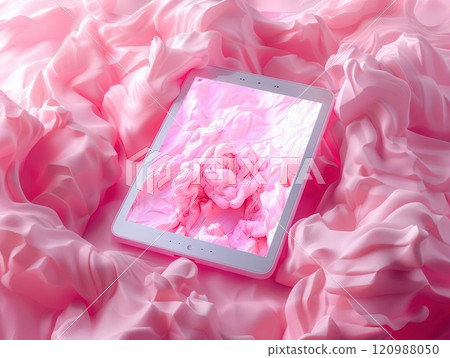 White tablet with pink screen on pink fabric background. 120988050