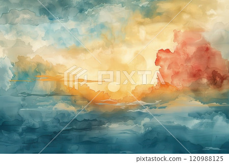Abstract watercolor painting of a sunset with clouds and a warm glow. 120988125