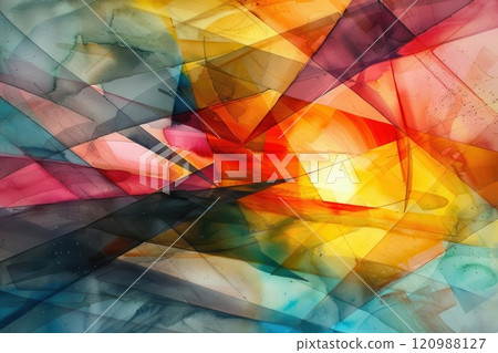 Abstract watercolor painting with vibrant colors and geometric shapes. 120988127