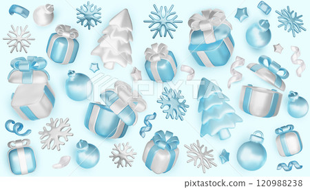 Set of Christmas festive elements for design. Holiday Decoration Shop bag, gift box, cone toy, christmas tree, xmas candy cane, snow globe. Realistic 3d object in cartoon style. vector illustration 120988238