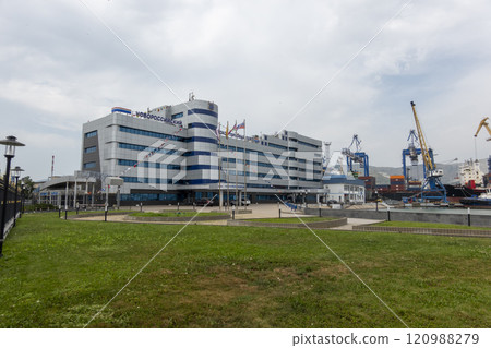 Novorossiysk, Russia 08.18.2023. Port cranes, Black Sea, port, Krasnodar Territory, Novorossiysk 120988279