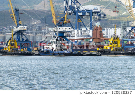 Novorossiysk, Russia 08.18.2023 Port cranes,Black Sea port Krasnodar Territory Novorossiysk Novorossiysk, Russia 08.18.2023 Port cranes,Black Sea port Krasnodar Territory Novorossiysk 120988327