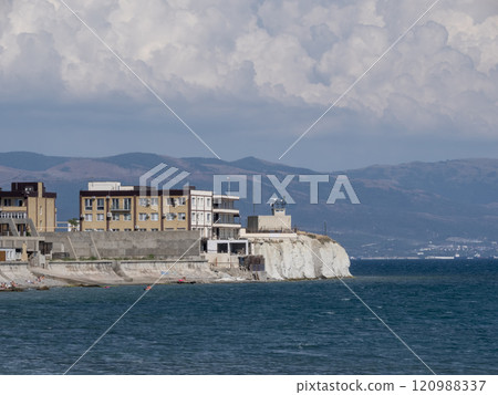 Black sea coast. bald mountain. Beautiful blue sea in Novorossiysk 120988337