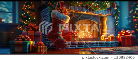 Cozy Christmas scene with fireplace, stockings, presents, and festive decorations. 120988406