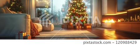 Cozy living room with Christmas tree, fireplace, and presents. 120988429