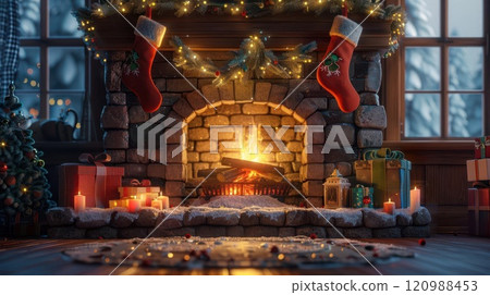 Cozy fireplace decorated for Christmas with stockings, candles, and presents. Cozy fireplace decorated for Christmas with stockings, candles, and presents. 120988453