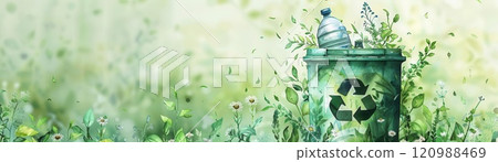 Green recycle bin in a field of grass. 120988469