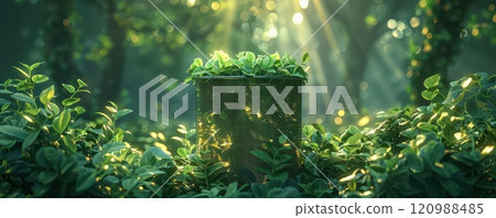 A mysterious stone structure hidden in a lush green forest.  Sunlight filters through the trees. 120988485