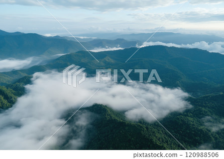 Aerial view of foggy wooded mountain range in the morning 120988506