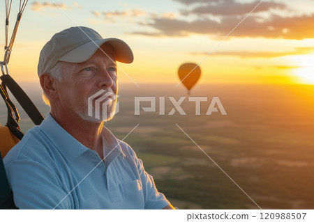 Portrait of a happy senior man on hot air balloon at sunrise 120988507