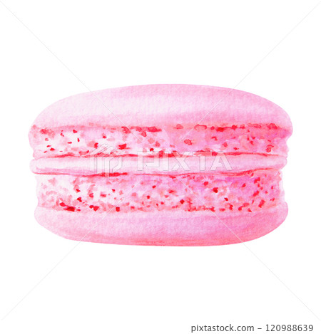 Watercolor illustration of pink macaron with detailed texture and vibrant color. Isolated clip art is perfect for bakery branding, dessert menus, food-related designs, greeting cards, party projects Watercolor illustration of pink macaron with detailed texture and vibrant color. Isolated clip art is perfect for bakery branding, dessert menus, food-related designs, greeting cards, party projects 120988639