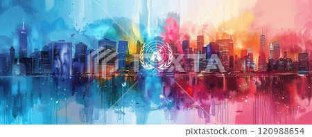 Abstract city skyline with vibrant watercolor paint,  featuring the United Nations symbol. 120988654