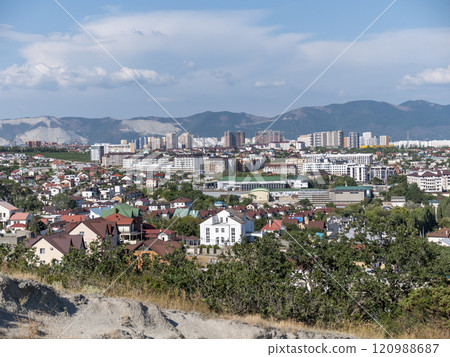 Black sea coast. bald mountain. Beautiful blue sea in Novorossiysk Black sea coast. bald mountain. Beautiful blue sea in Novorossiysk 120988687