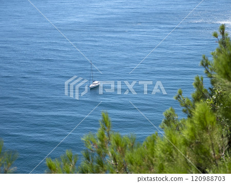 Boat in the middle of the sea sails alone among the waves to the horizon on a late summer day 120988703
